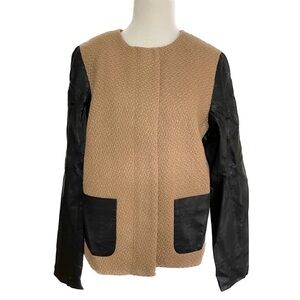 TALBOTS Boucle Tweed with Faux Leather Sleeves Pockets Accents Zip Jacket 12 NWT